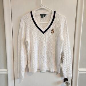 NEW Lauren Active Ralph Lauren V Neck Sweater Medium Cable White Golf w/ Crest